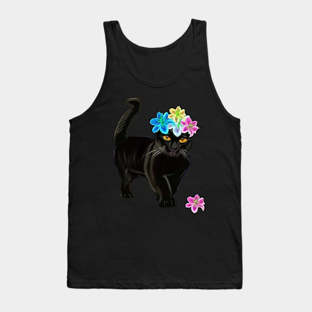 Black Cat with flower crown. Cat themed gifts for women and men Tank Top by Artonmytee